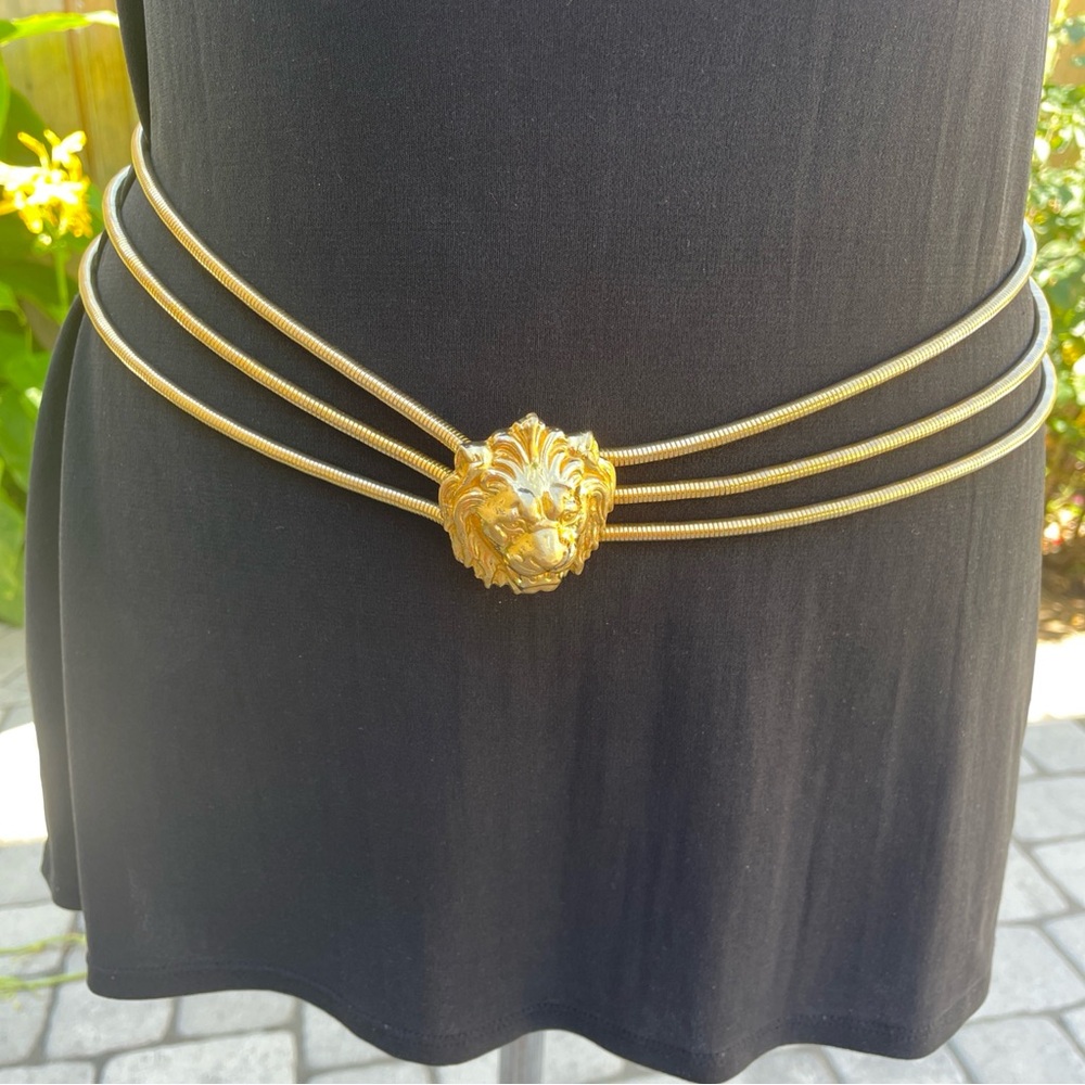 VTG Belt Lion Head 80-90s Gold Tone Metal 3 Stretch Strands 33”-36”